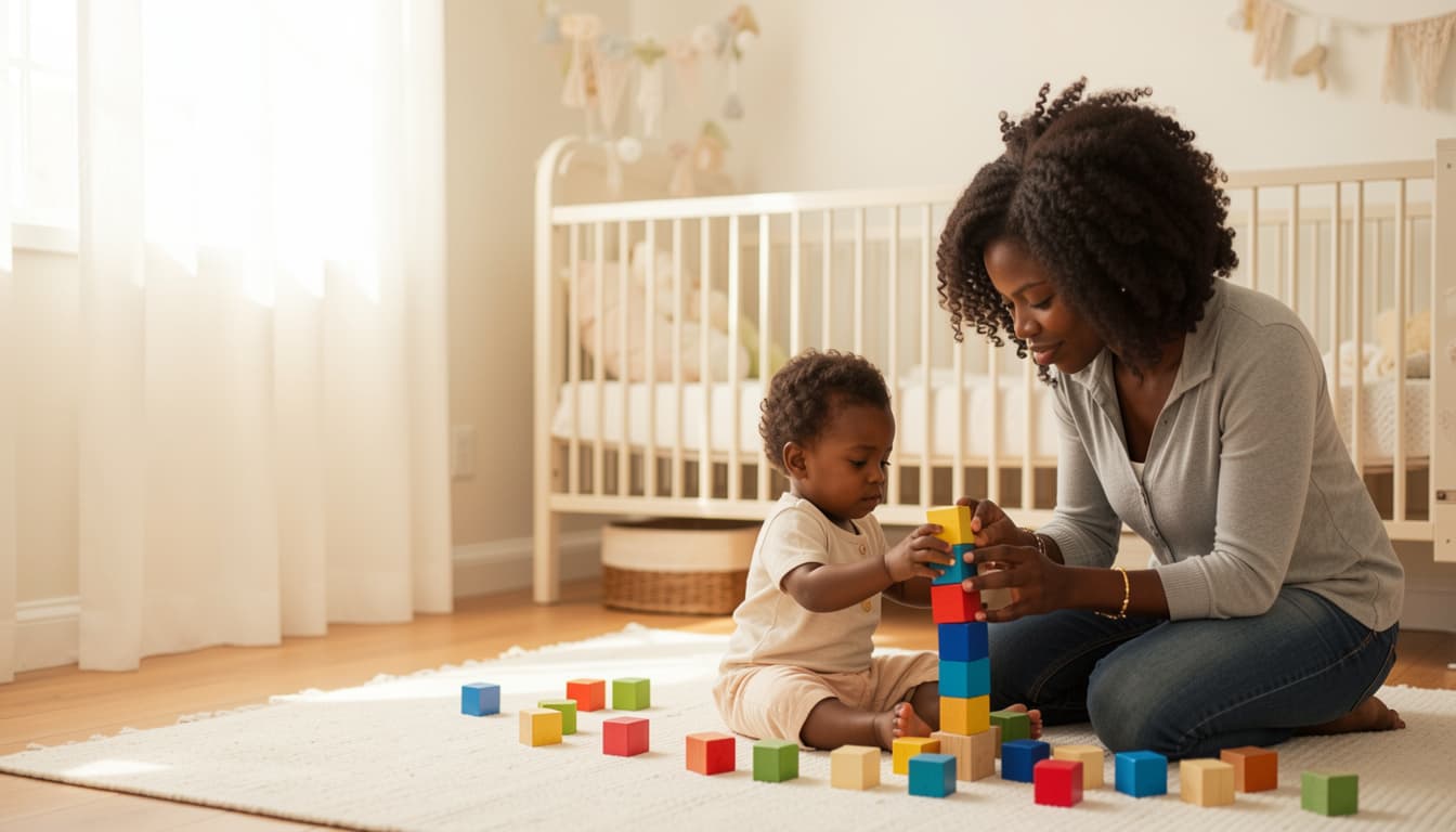An early years caregiver nurturing a happy young child