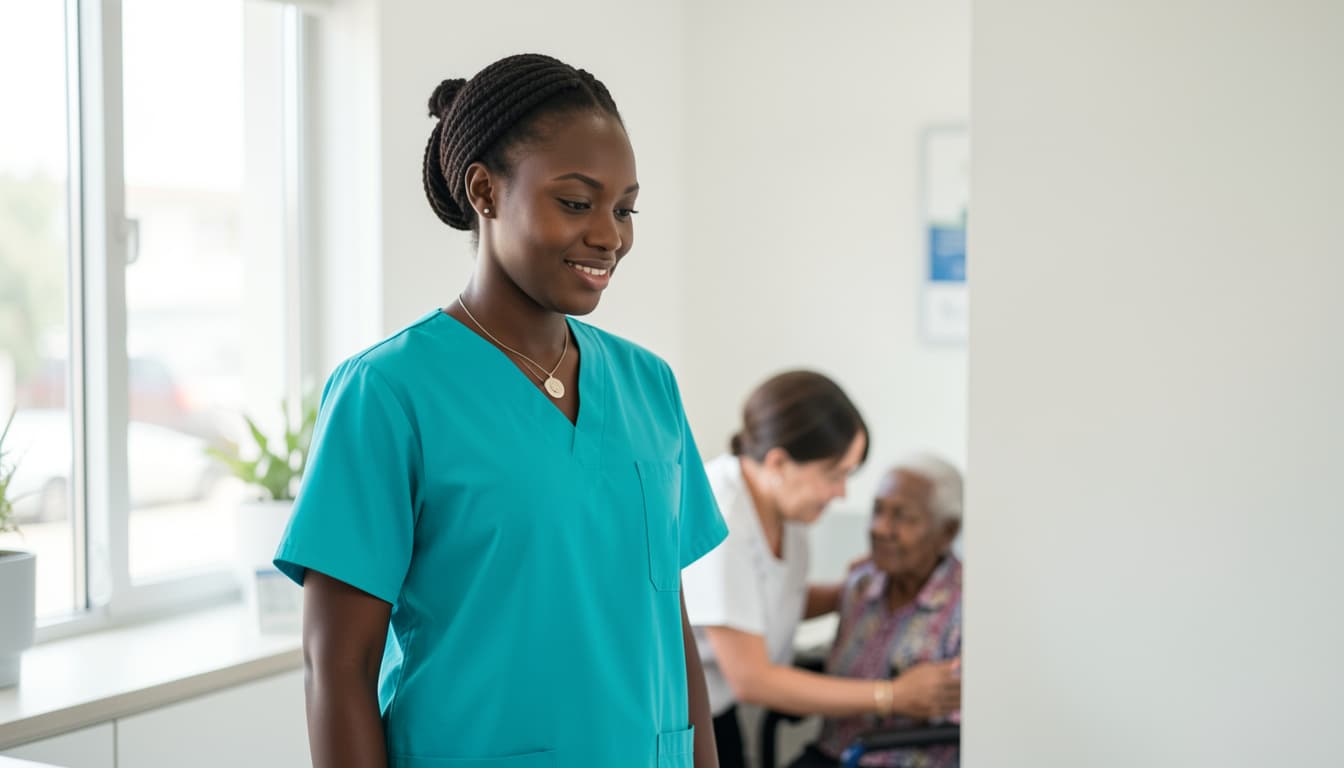 A confident healthcare assistant caring for a patient