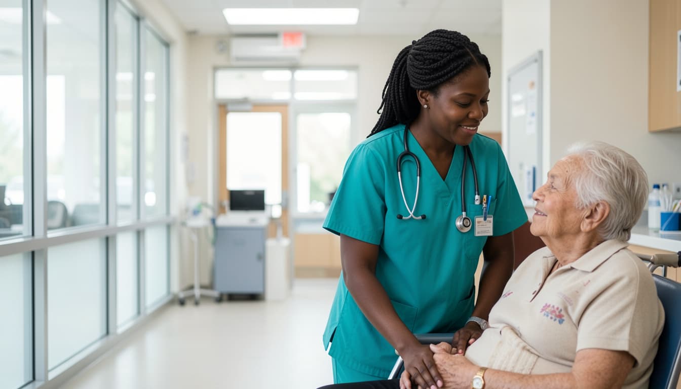 A caregiver supporting an elderly patient with warmth and dignity